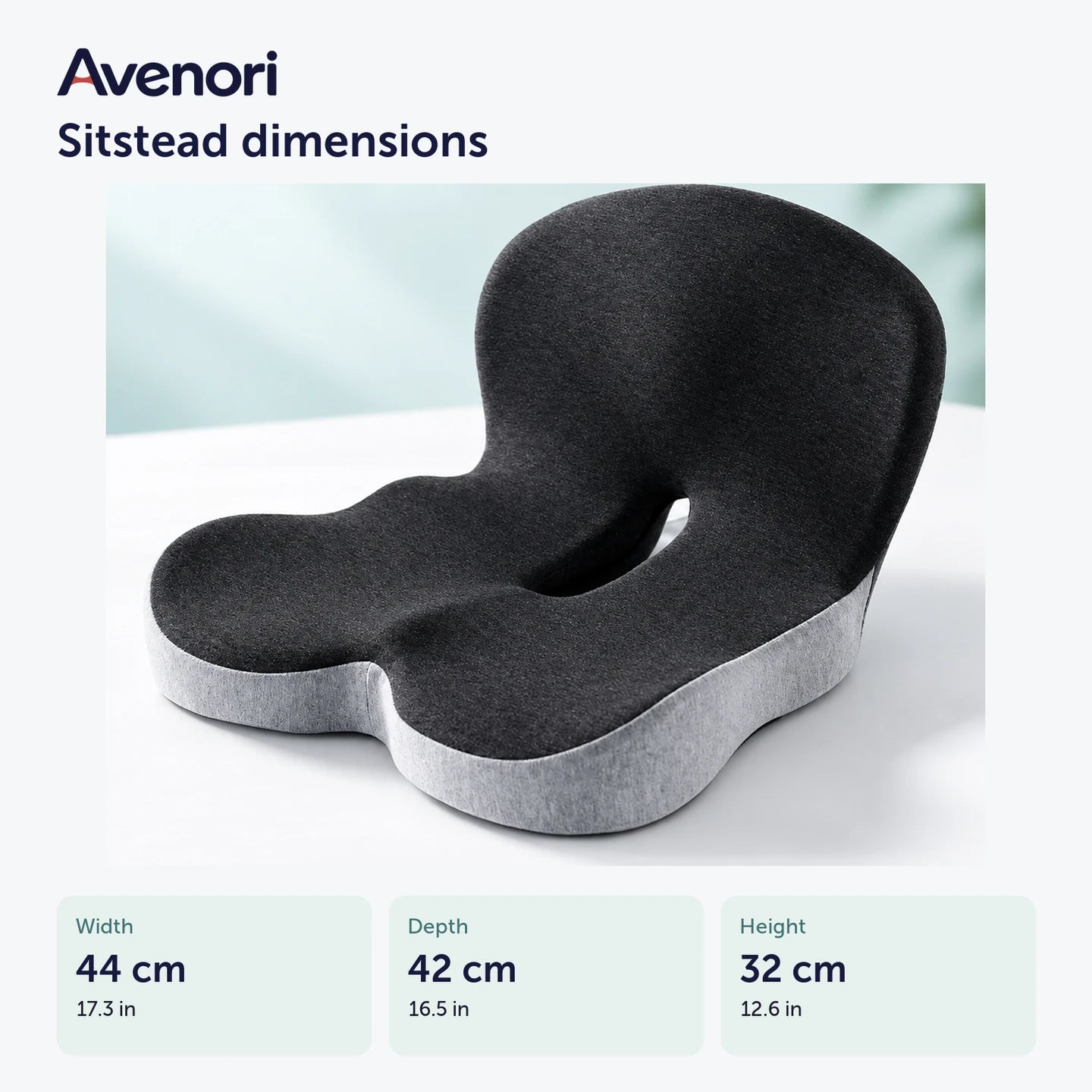 Cushion dimensions shown in supplied product imagery: 44 cm wide, 42 cm deep and 32 cm high