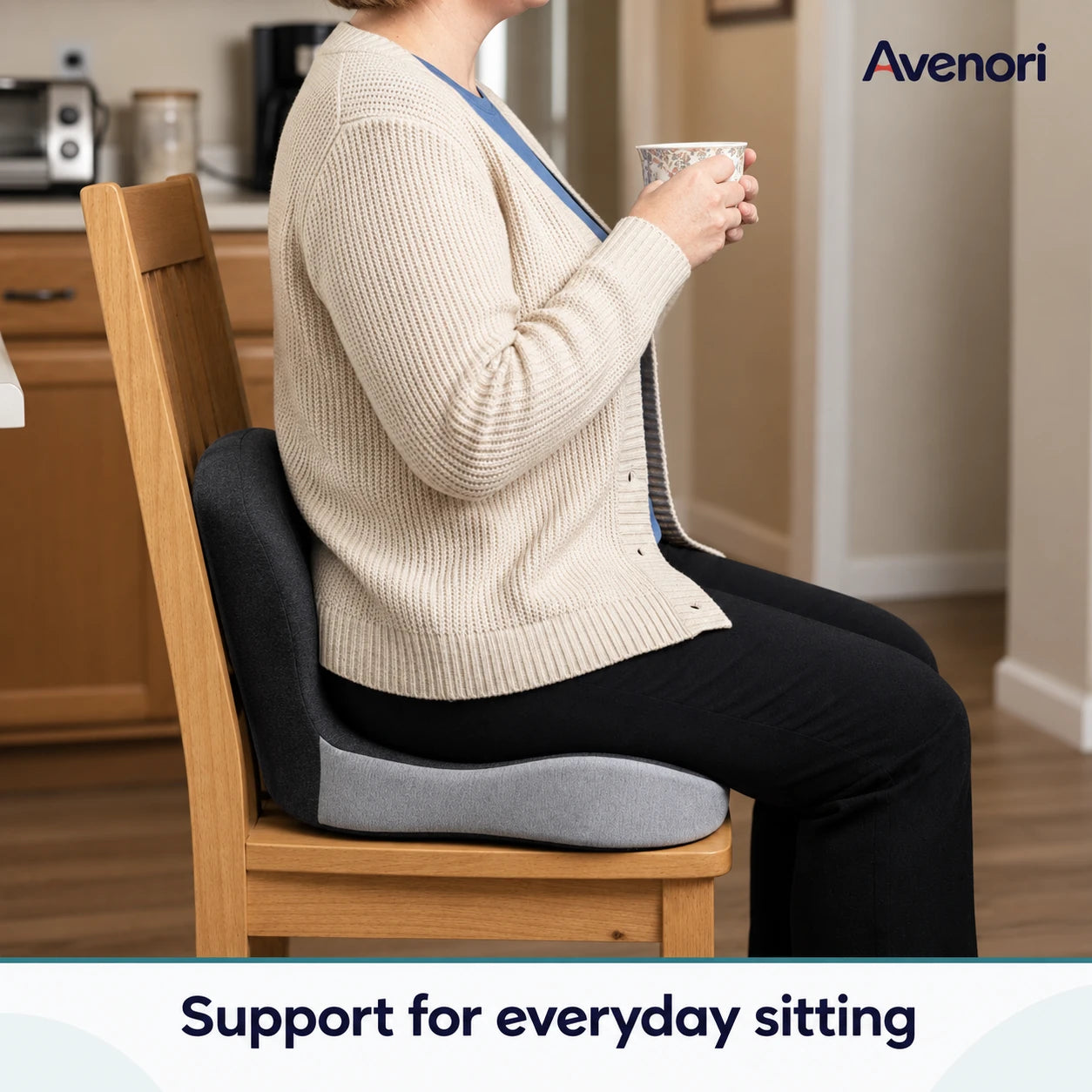 Sitstead™ cushion supporting a seated position on a dining chair