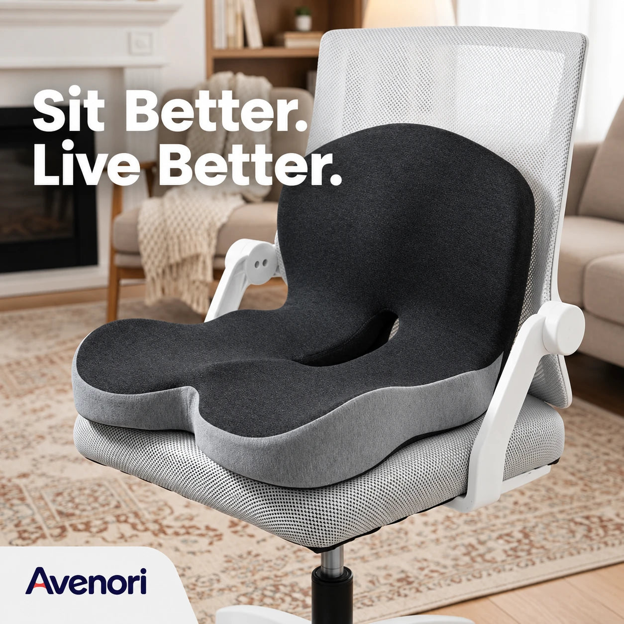 Sitstead™ cushion on an office chair with Avenori branding
